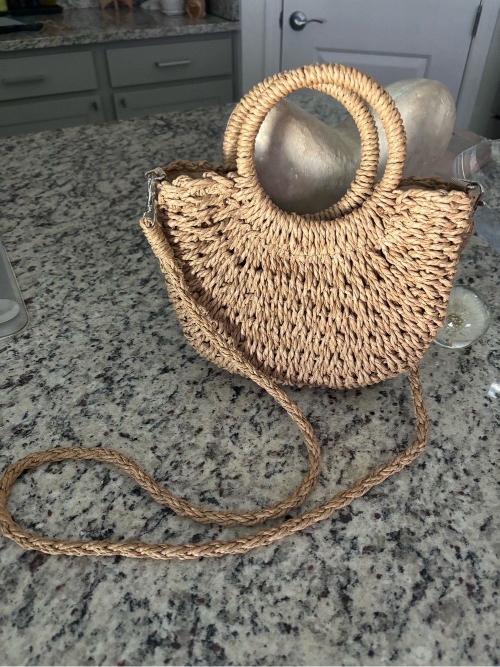 Straw Woven Circle-Handle Crossbody Bag - Natural